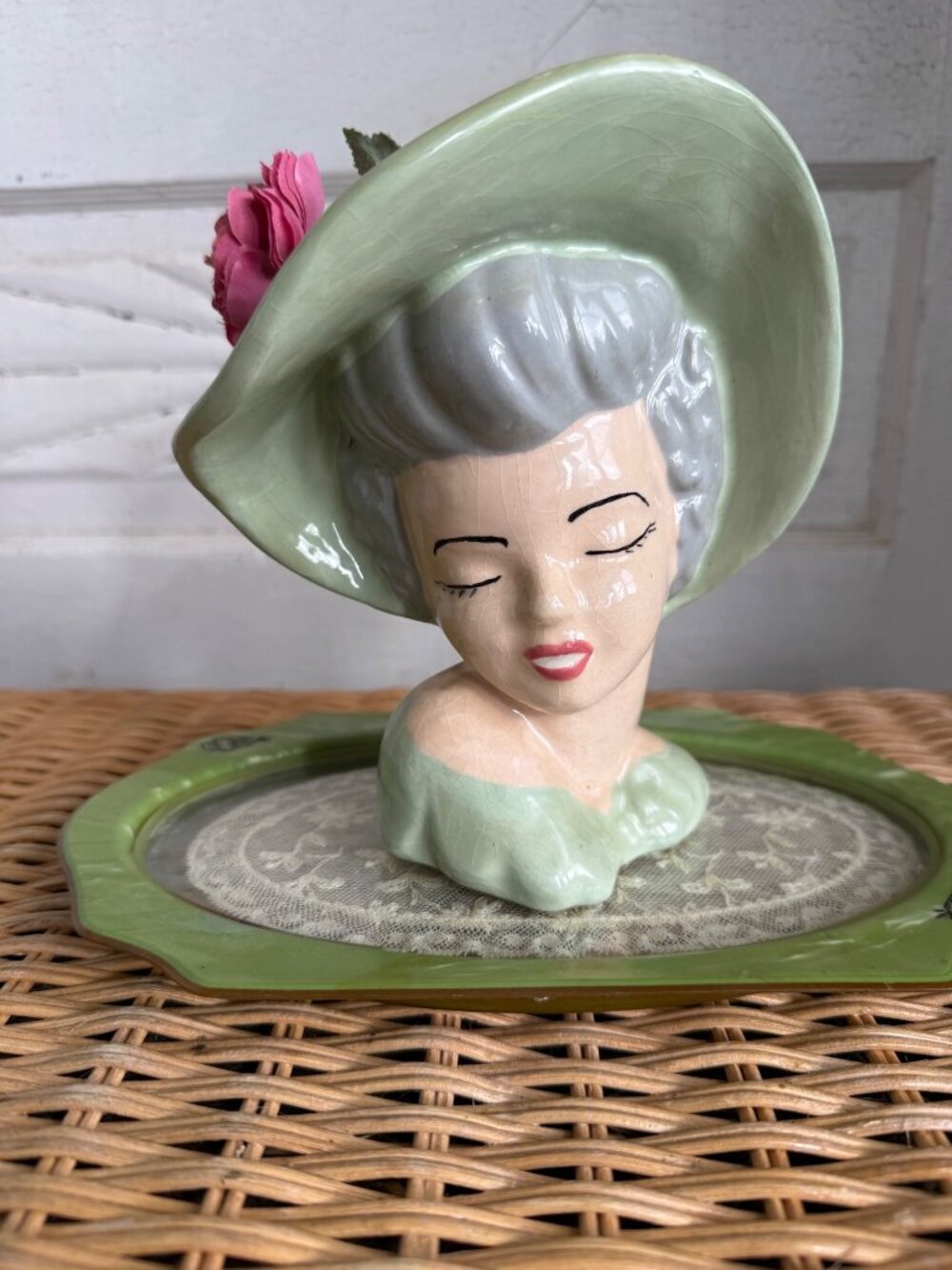 Vintage 1950s Glamour Girl Vase Head Planter Green Hat Retro MOD